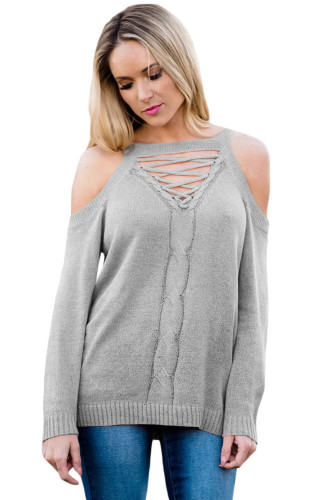 Gray Cold Shoulder Lace up Detail Knit Sweater Top