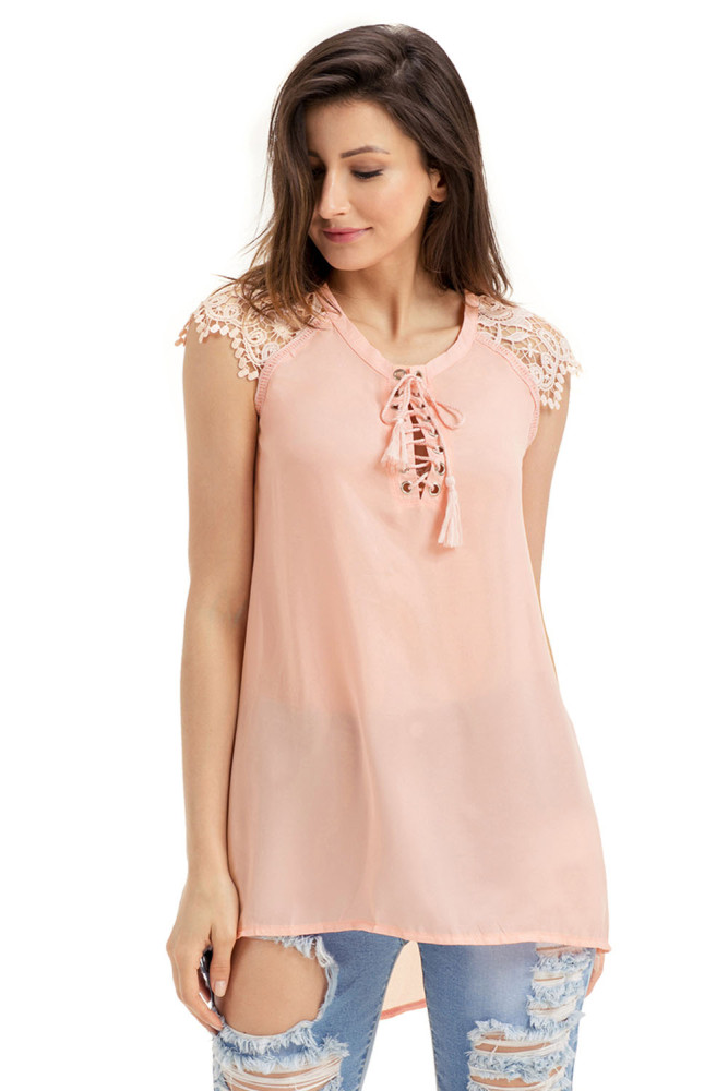 Pinkish Lace Sleeves Lace up Tunic Top
