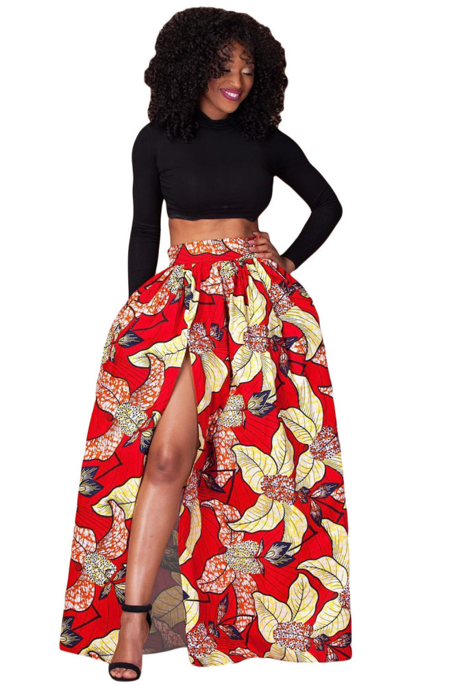 Red Floral Printed High Split Maxi Skirt