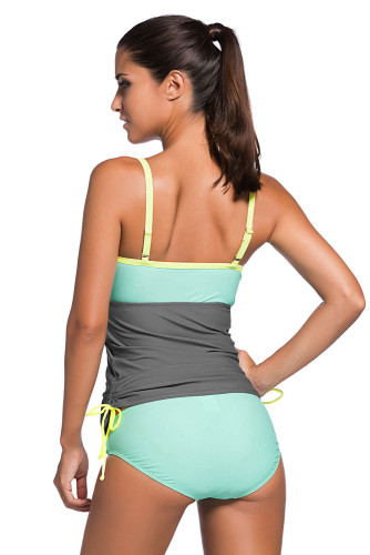 Grey Light Blue Colorblock 2pcs Tankini Swimsuit