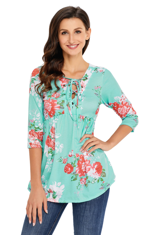 Lace Up V Neck Mint Floral Blouse