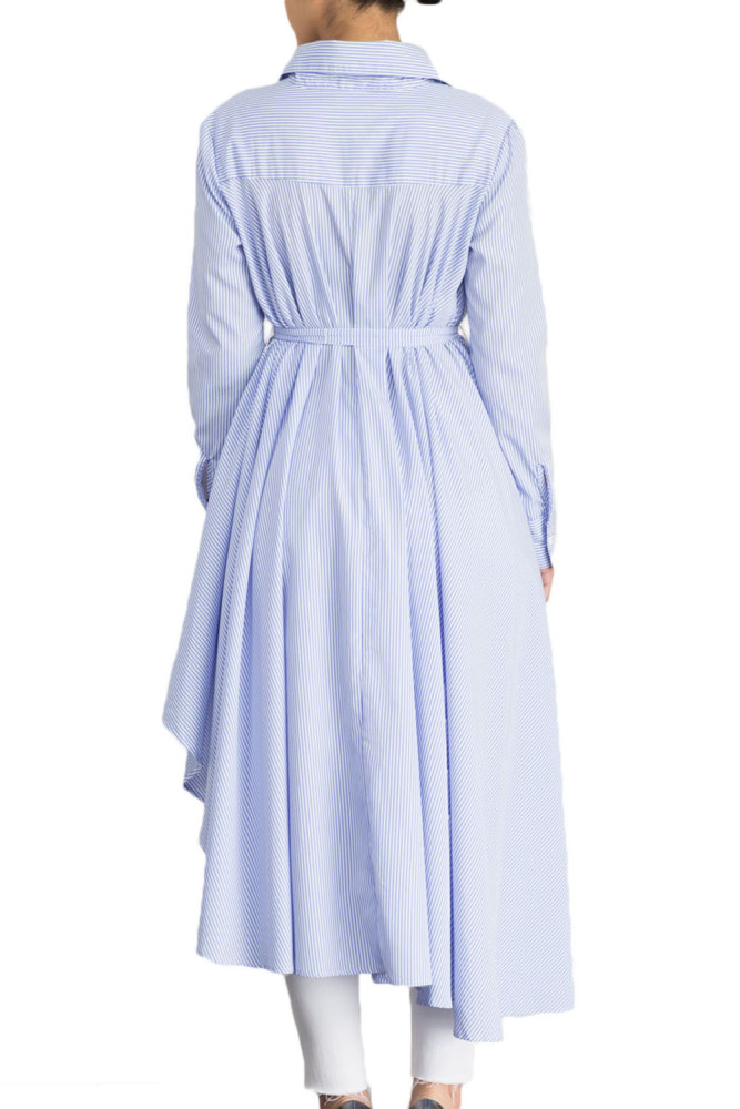 Light Blue Striped Lapel Shirt High Low Belted Blouse Top