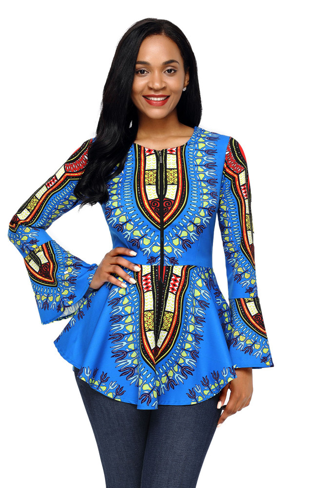 Blue African Print Zipper Front Long Sleeve Top