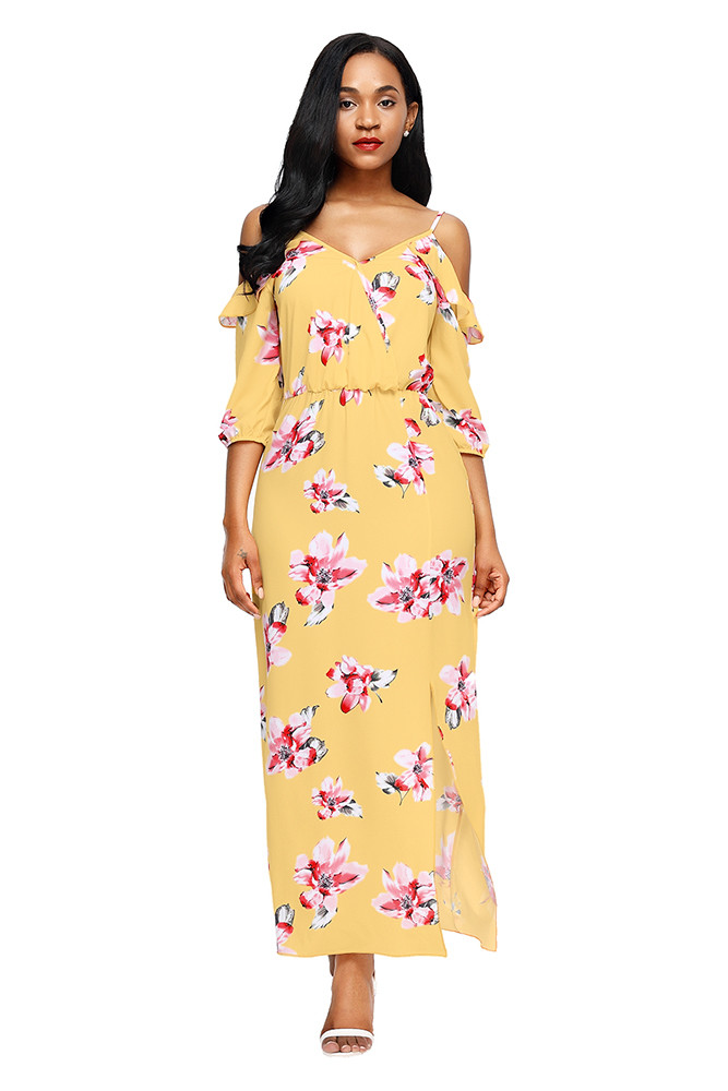 Yellow Cold Shoulder Floral Slit Maxi Dress