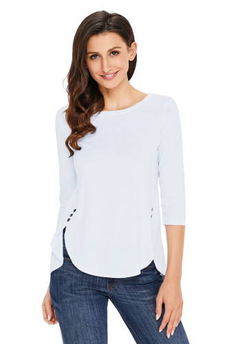 White Button Slit Detail Long Sleeve Blouse