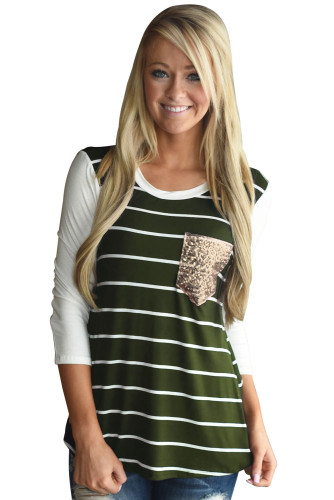 Green White Stripe Sequin Pocket Top