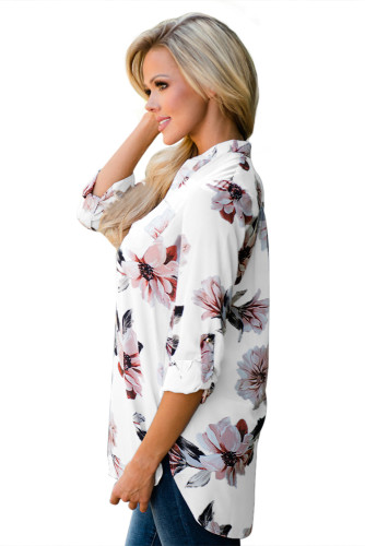 Deal Volume 0.5 White Floral Print High Low Chiffon Blouse