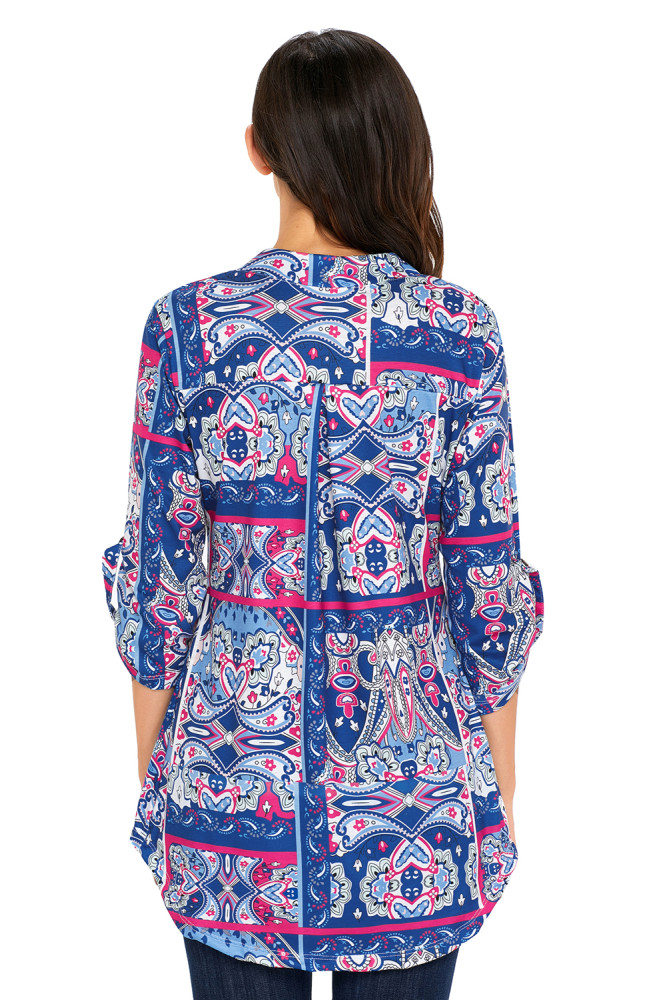 Blue Rosy Floral Paisley Print Slight V Neck Blouse