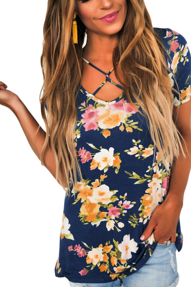 Blue Floral Print Crisscross V Neck Casual Shirt
