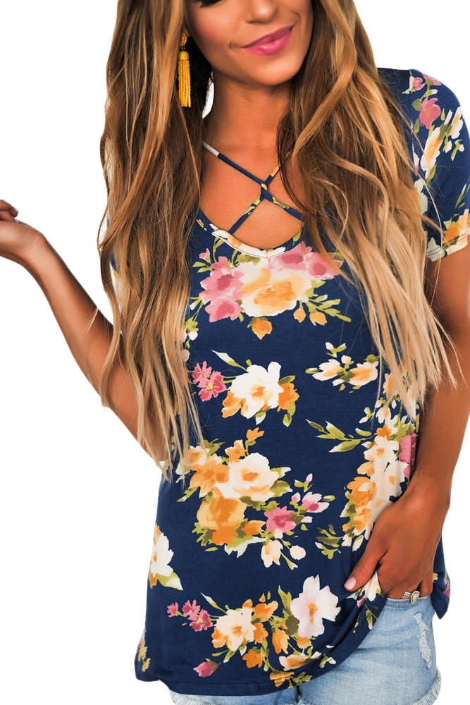 Blue Floral Print Crisscross V Neck Casual Shirt