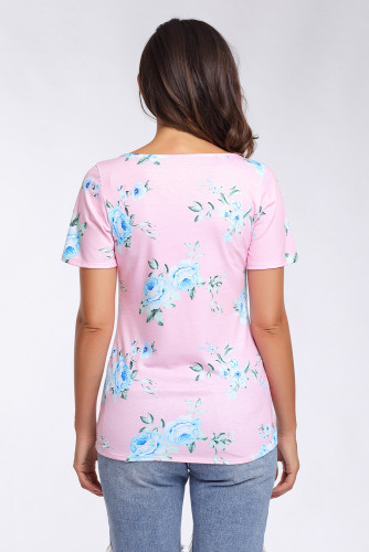 Strappy Neck Detail Pink Floral Short Sleeve T-shirt