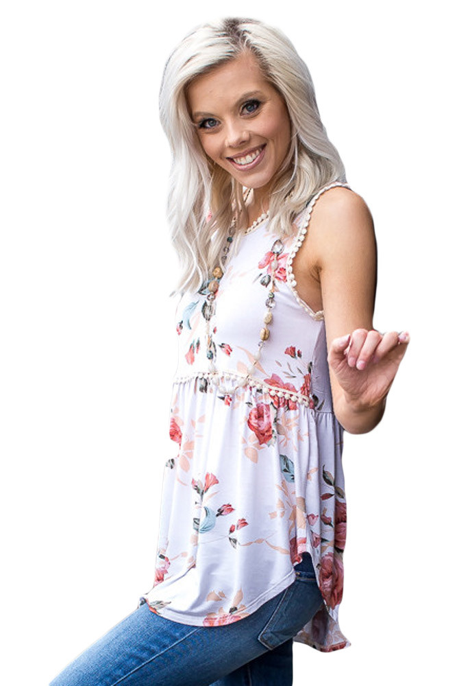 White Floral Pompom Lace Trim Flowy Tank Top