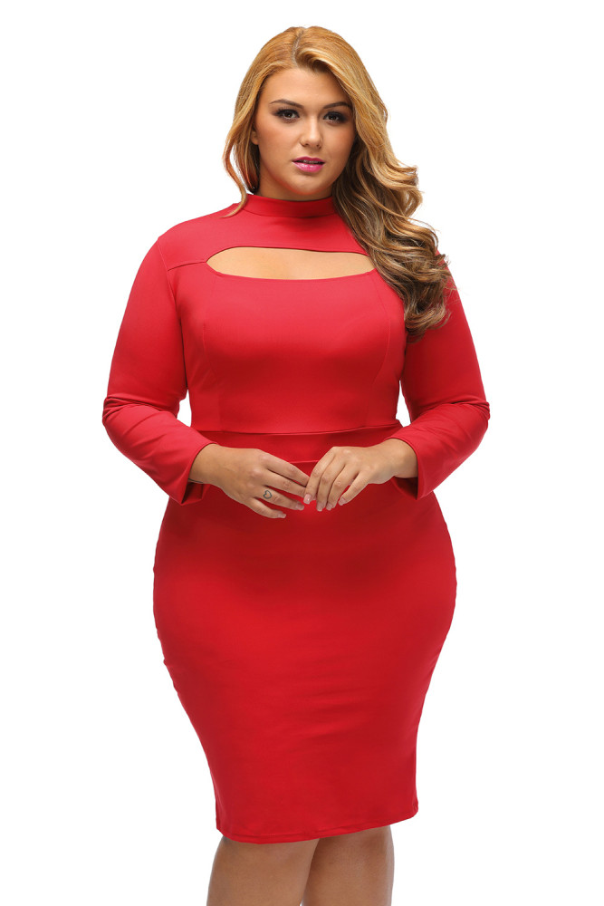 Red Long Sleeve Keyhole Bodycon Plus Size Dress