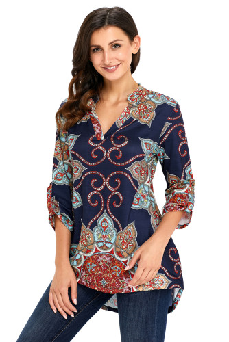 Navy Gypsy Floral Print Slight V Neck Blouse