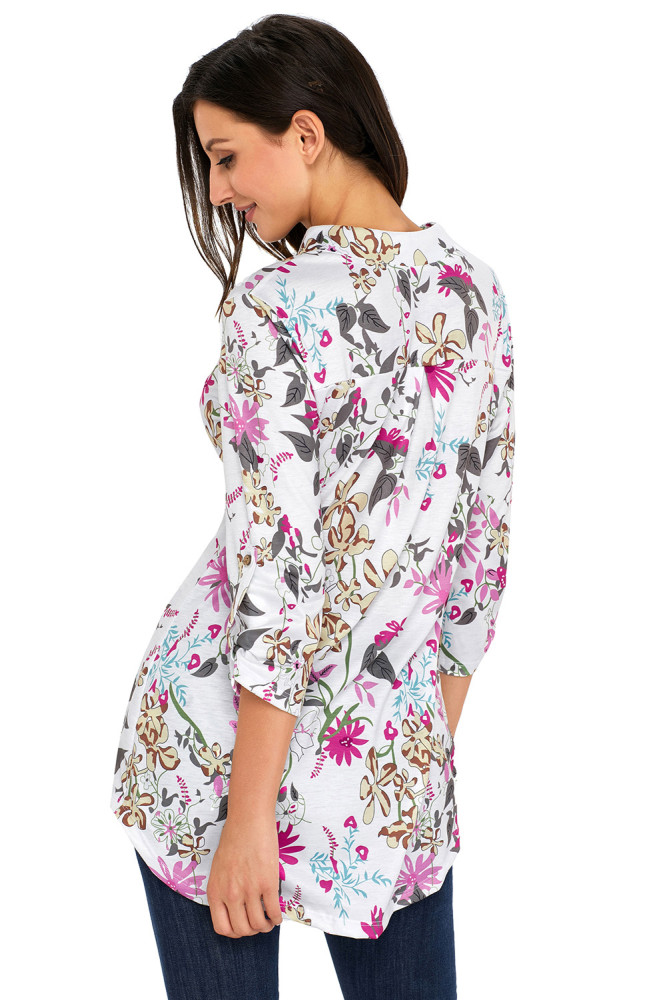 Dusty Blue Magenta Floral Print Slight V Neck Blouse