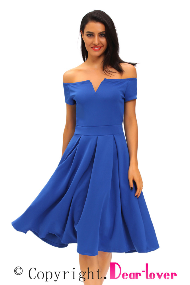 Solid Blue Thick Flare Midi Vintage Dress