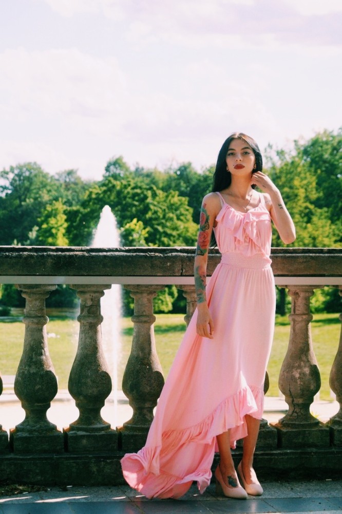 Light Pink Lace Up V Neck Ruffle Trim Hi-low Maxi Dress