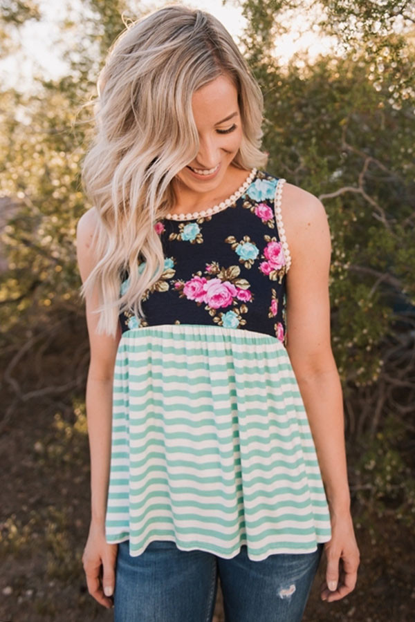Mint Stripes and Floral Womens Tank