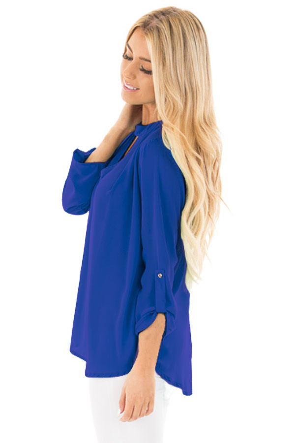 Blue Choker Cut out V Neck Blouse with Keyhole Back