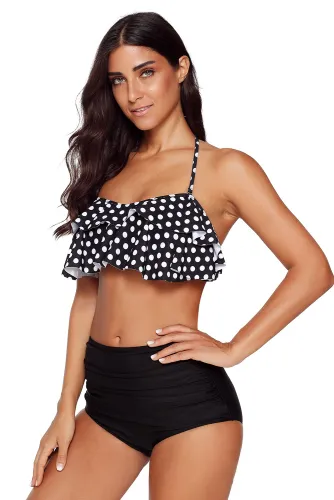 Black White Polka Dot Retro Boho Flounce High Waist Swimsuit