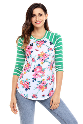 Green Striped Sleeves White Floral Top
