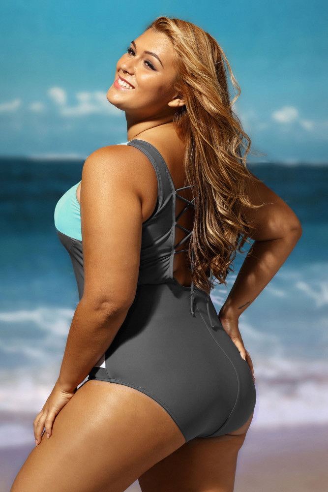 Sexy Color Block Front Lace up Gray One Piece Swimsuit