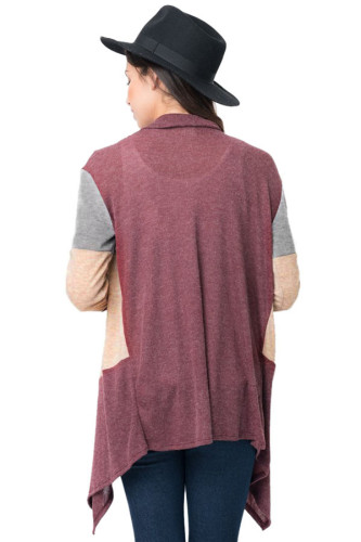 Wine Shawl Neck Colorblock Long Sleeve Cardigan