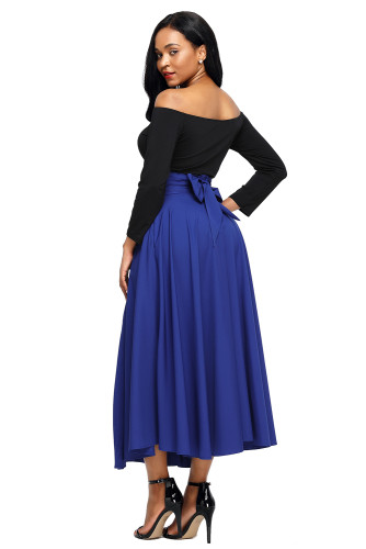 Blue Retro High Waist Pleated Belted Maxi Skirt
