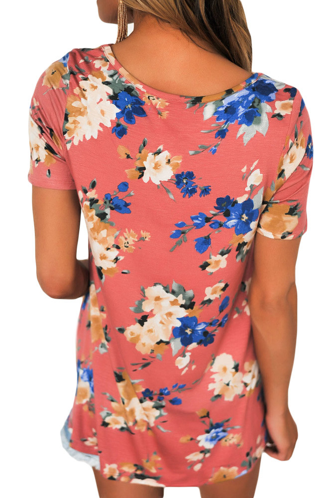 Pink Floral Print Crisscross V Neck Casual Shirt
