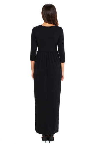 Black Pocket Design 3/4 Sleeves Maxi Dress