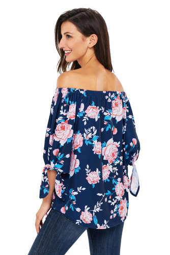 Navy Blue Floral Elastic Off Shoulder Top