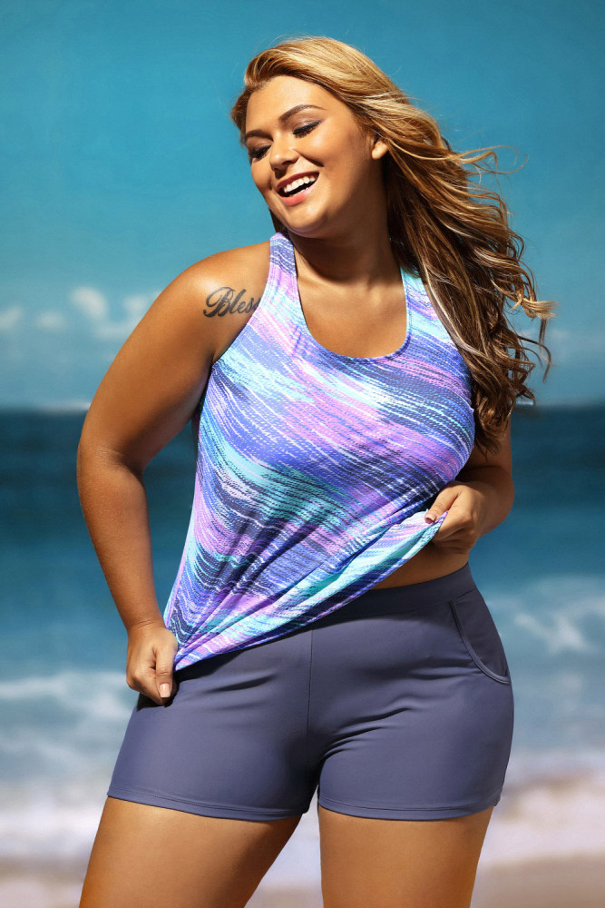 Bluish Print Blouson Tankini with Grey Swim Bottom