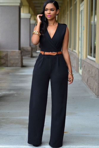 Black V Neck Belt Embellished Jumpsuit