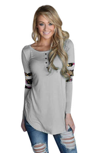 Gray Floral Print Splice Sleeve Pullover Blouse