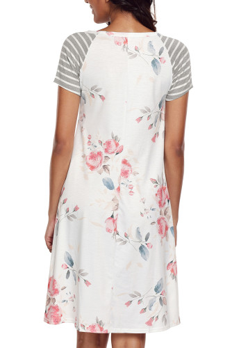 White Backdrop Floral Print A-line Loose T-shirt Dress