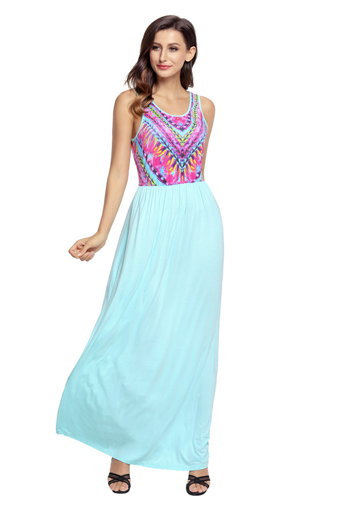Stylish Tribal Print Sleeveless Mint Maxi Dress