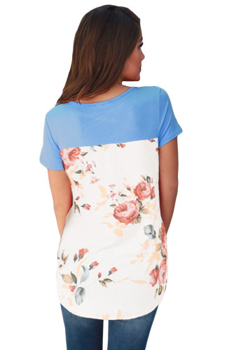 Blue Floral Print Lower Back T-shirt