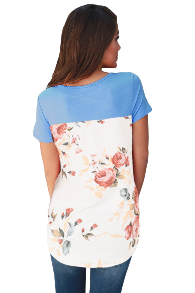 Blue Floral Print Lower Back T-shirt