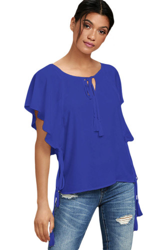 Blue Butterfly Sleeve Top with Tasseled Ties