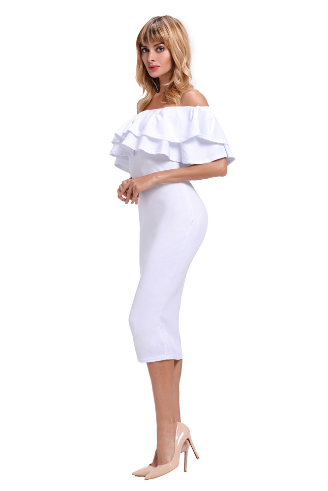 White Layered Ruffle Off Shoulder Midi Dress