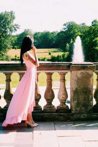 Light Pink Lace Up V Neck Ruffle Trim Hi-low Maxi Dress