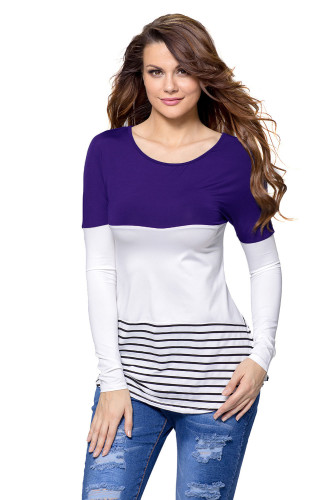 Blue Color Block Lace Patchwork Long Sleeve Blouse Top