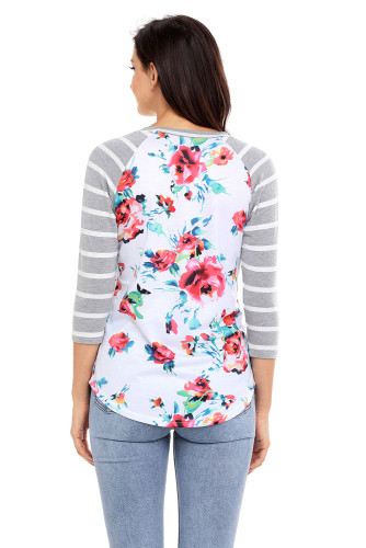 Grey Striped Sleeves Floral Top