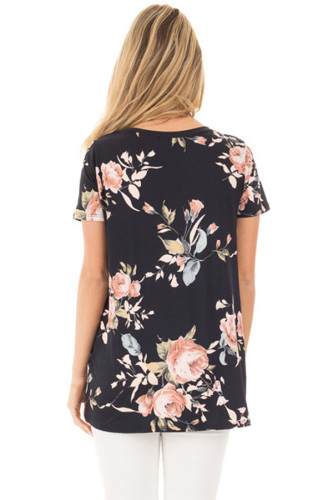 Black Floral Short Sleeve Knot Top