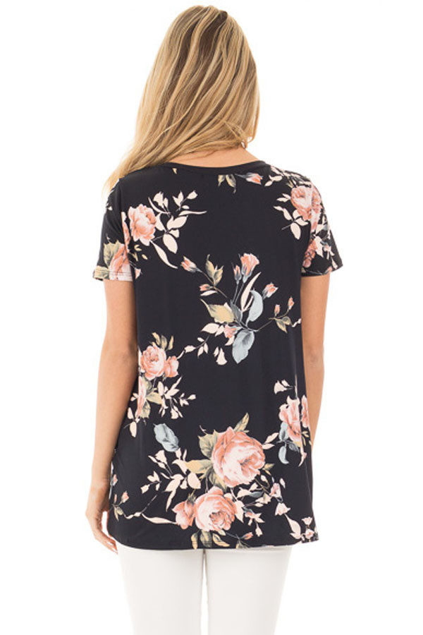 Black Floral Short Sleeve Knot Top