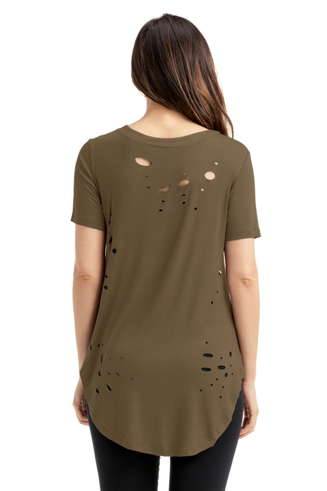 Olive Crisscross Neckline Distressed Cotton T-shirt