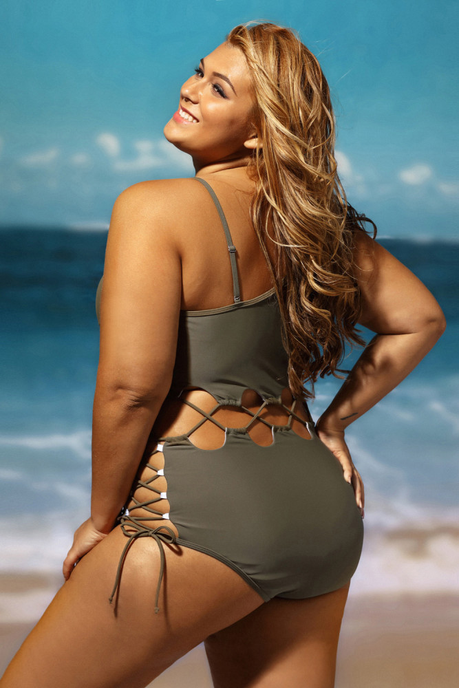 Army Green Lace Up Cutout Asymmetric Shoulder Maillot