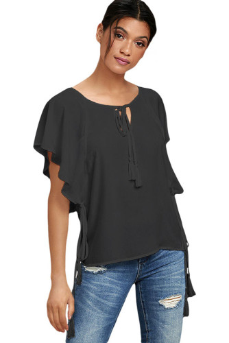 Black Butterfly Sleeve Top with Tasseled Ties