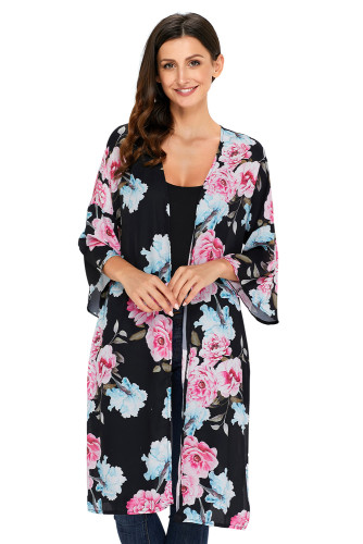 Black Floral Side Slit Boho Kimono