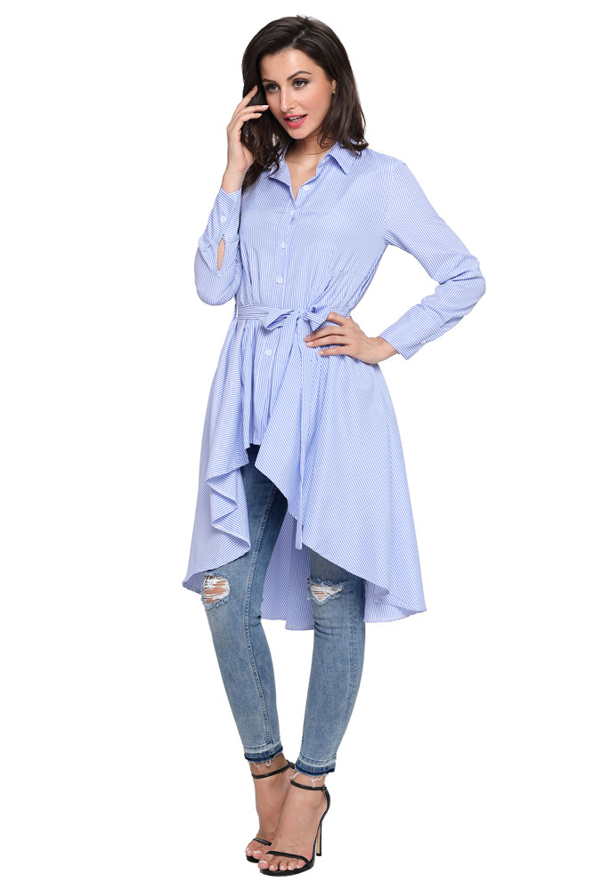 Light Blue Striped Lapel Shirt High Low Belted Blouse Top